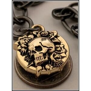 Gold ED HARDY Rose Between Teeth Skull Charm Bracelet Gunmetal Gray Link Chain
